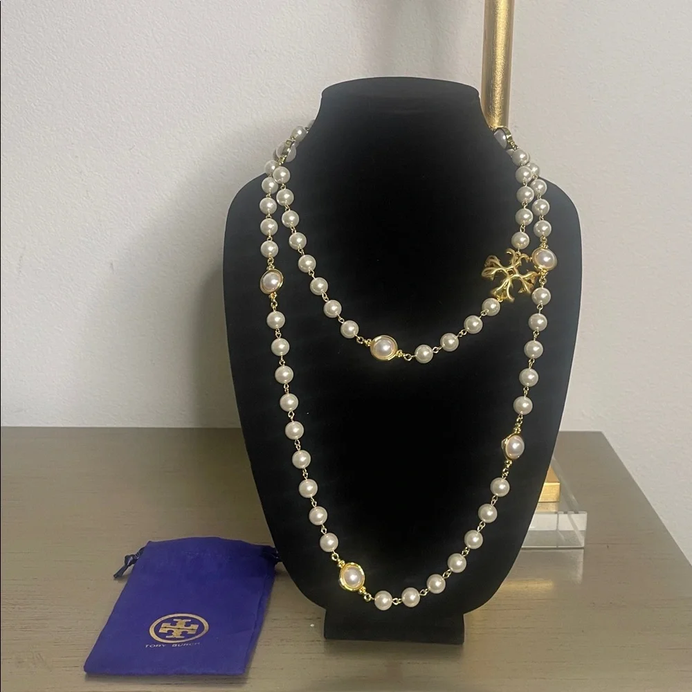 Tory Burch Pearl Necklace with a Gold Tory Burch T Accent - Picture 1 of 9
